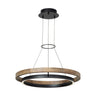 Modern weathered oak and black two-ring LED chandelier by Visual Comfort hanging in a contemporary dining room