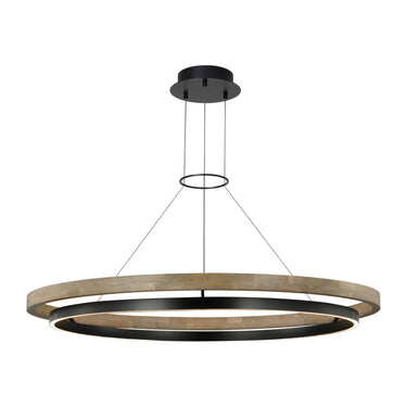 Grace 48 inch chandelier in matte black and weathered oak wood with dual ring design and integrated LED lighting