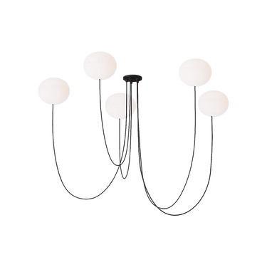 Helium Medium 5 Light LED chandelier in matte black with etched white glass globes