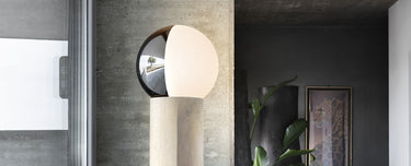 Penta Je Suis floor lamp with silver and white glass sphere on a tall base