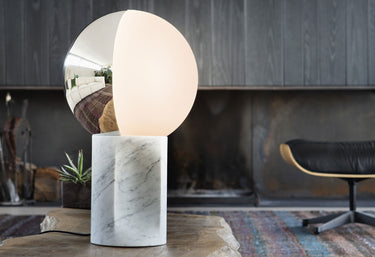 Penta Je Suis table lamp with silver and white glass sphere on a marble base