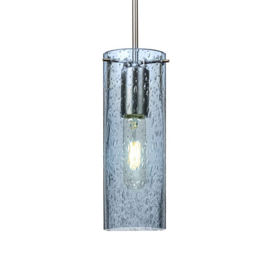 Besa Juni 10 pendant light with handcrafted blue bubble glass cylinder and satin nickel finish