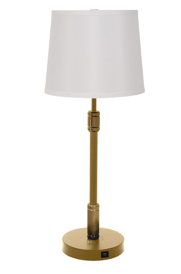 House of Troy Killington Brushed Brass table lamp with USB port and hardback shade