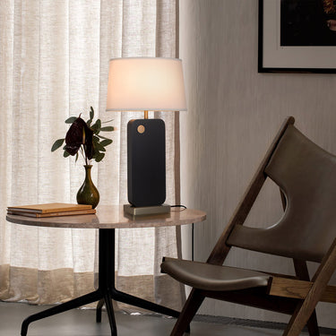 Nova of California Laurel Table Lamp Ebony Wood Weathered Brass White Linen Shade