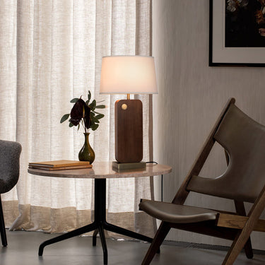 Nova of California Laurel Table Lamp Dark Walnut Wood Weathered Brass White Linen Shade
