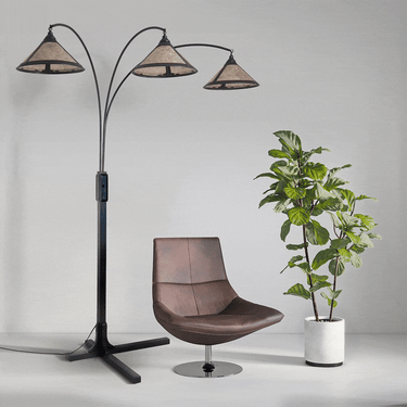 Nova of California Natural Mica 3 Light Arc Floor Lamp 86 Charcoal Gray Wood Gunmetal Silver Mineral Mica