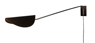Oluce Plume 158 anodic bronze wall lamp with feather-shaped metal shade on a white background