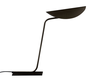 Oluce Plume 221 anodic bronze table lamp with feather-shaped metal shade on a white background