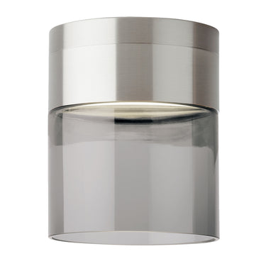 Transparent smoke glass flush mount with satin nickel finish, LED hallway lighting
