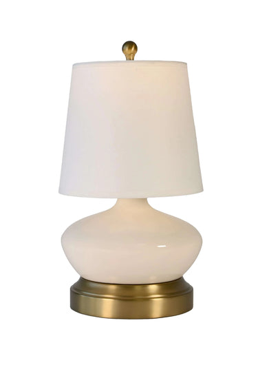 Bella ivory ceramic rechargeable table lamp with brass base and linen shade