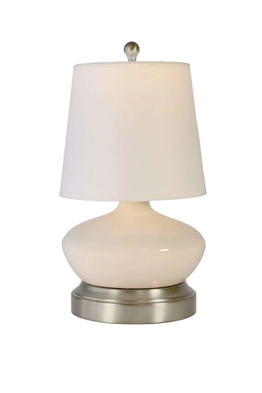 Bella Ivory Ceramic Cordless Table Lamp with Brushed Nickel Base and linen shade