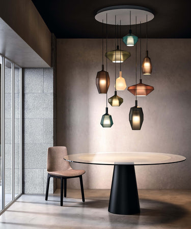 Penta MoM pendant lights in matt borosilicate glass hung in a group at different heights