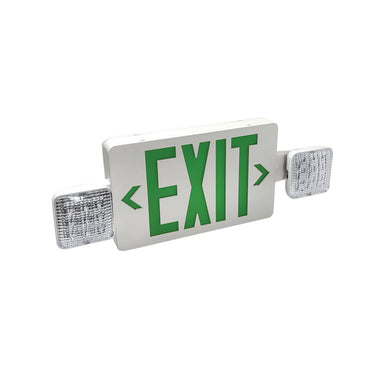 Nora Lighting Led Exit And Emergency Combination With Adjustable Heads, Battery Backup, Green Letters / White Housing