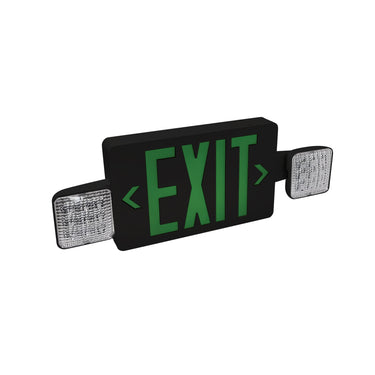 Nora Lighting Led Exit And Emergency Combination With Adjustable Heads, Battery Backup, Green Letters / Black Housing