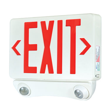 Nora Lighting Led Exit And Emergency Combination With Adjustable Heads, Red Letters / White Housing