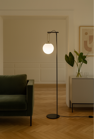 Modern Artemide NH floor lamp with white glass globe diffuser and brass ring in a contemporary living room