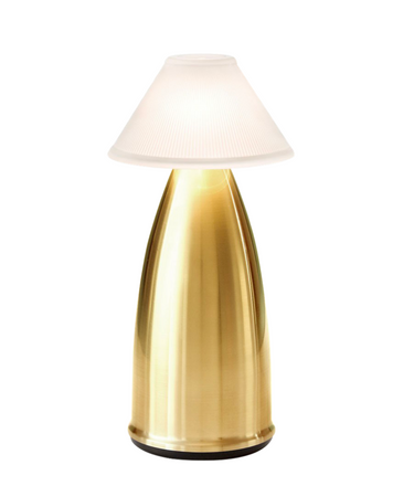 acquered brass Owl 3 lamp, cordless and rechargeable, suitable for commercial spaces.
