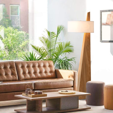 Nova of California Obelisk Floor Lamp Natural Ash Wood White Cotton Linen Shade