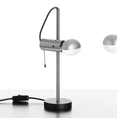 Agnoli table lamp in satin nickel with a matt black base and pull chain