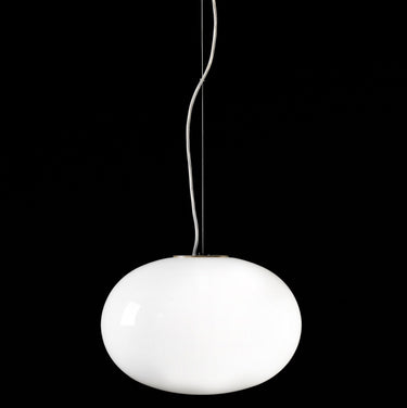 Oluce Alba 465 simple pendant light with a shiny opal blown glass sphere on a dark studio background