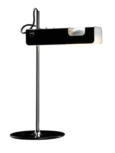 Oluce Spider table lamp in black with a chromed stem on a white background