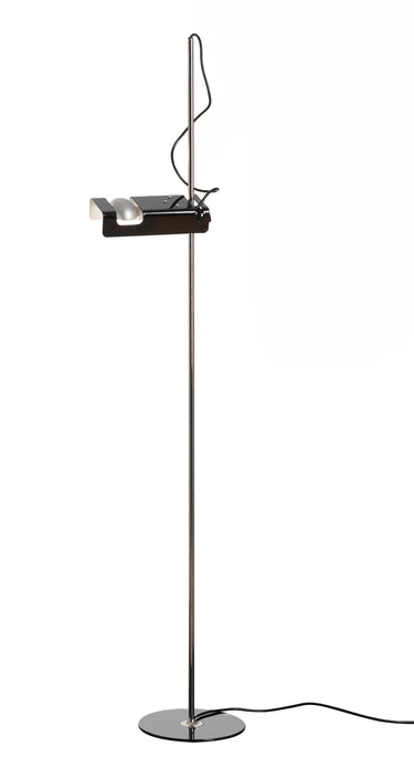 Oluce Spider floor lamp in black with adjustable reflector on a chrome stem