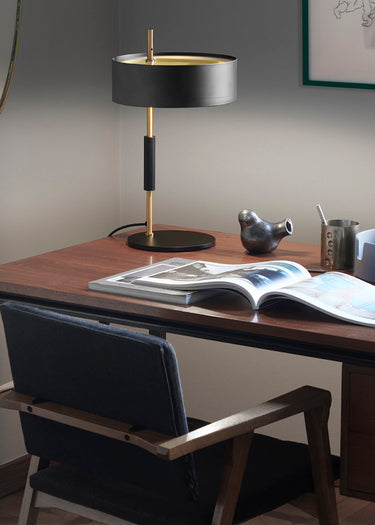 1953 Table Lamp by Oluce in satin gold stem and matte black shade for modern interiors