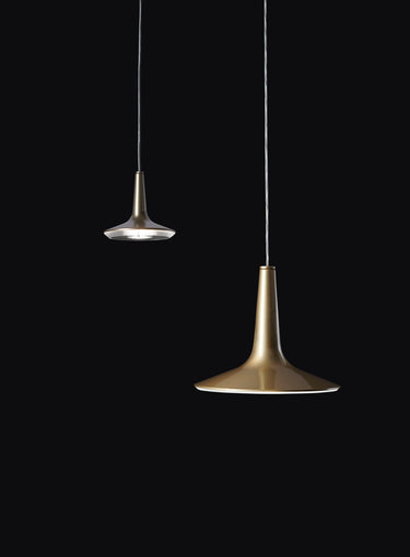 Oluce Kin small pendant light, studio shot of the flared cast aluminium body