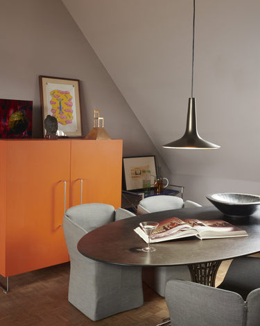 Oluce Kin large pendant light, studio shot of the flared cast aluminium body