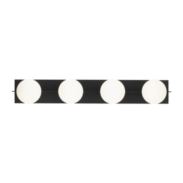 Modern brass 4-light vanity light with frosted globe glass for upscale residential bathrooms in matte black