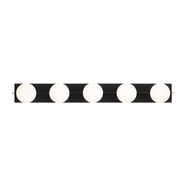5-light modern vanity wall light with frosted glass globes for residential and commercial bathrooms in matte black