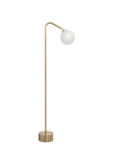 Oscar floor lamp in satin brass with an opal glass globe on a bent arm, studio view