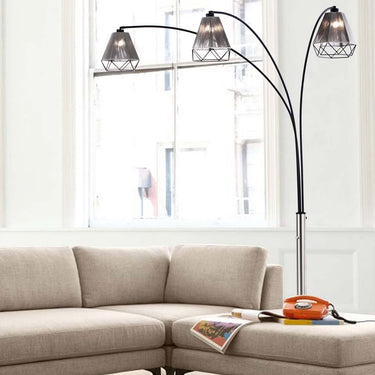 Nova of California Polygon 3 Light Arc Floor Lamp 88 Brushed Nickel Matte Black Hand Knotted String Shade