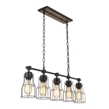 Picuka 5-light matte black farmhouse kitchen island chandelier with metal cage shades.