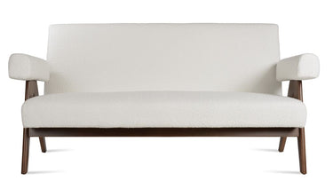 Pierre J modern upholstered sofa in off white boucle fabric with ash walnut wood frame by Soho Concept