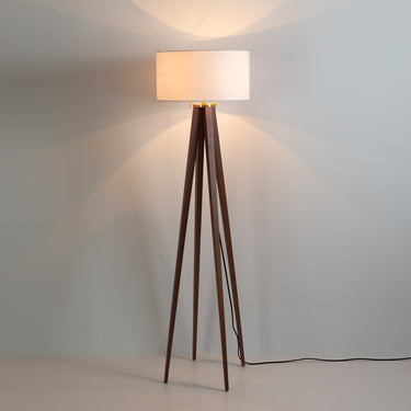 Nova of California Quattro Floor Lamp Dark Walnut Wood Weathered Brass White Linen Shade