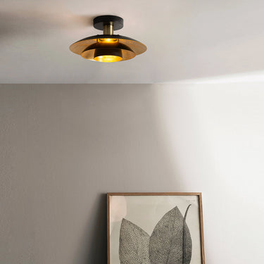 Nova of California Rancho Mirage Flush Mount Ceiling Light Matte Black Gold Leaf Shade Weathered Brass