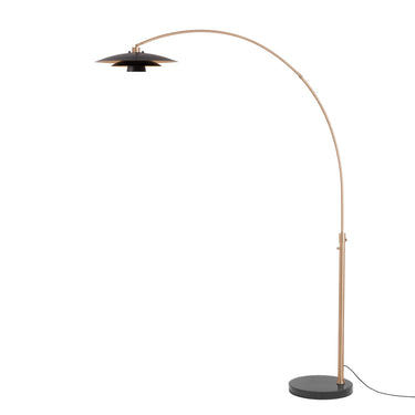Nova Float 92"H Arc Lamp in Matte Black/Gold shade, Weathered Brass body, Black base, photo 1