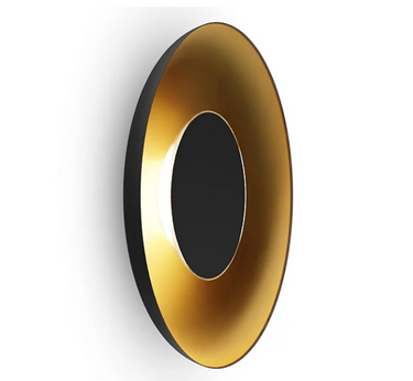 Modern Koncept Ramen LED wall sconce with back dish in matte black / black gold finish.