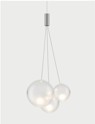 Contemporary Lodes 3-light suspension lamp with frosted white blown glass shades, perfect for bedroom, office, or commercial space ambient lighting.