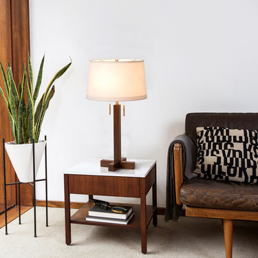 Nova of California Swiss Cross Table Lamp Dark Walnut Wood Weathered Brass White Linen Shade