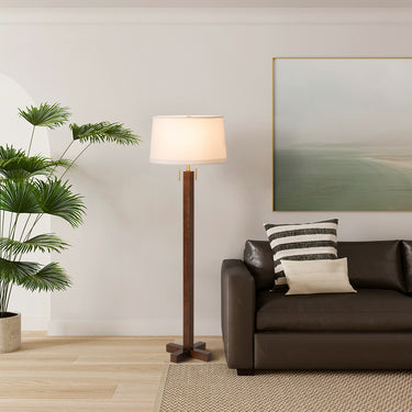 Nova of California Swiss Cross Floor Lamp Dark Walnut Wood Weathered Brass White Linen Shade