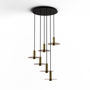 Koncept Combi Pendant 6" Circular 6 Combo Brass Matte Black Canopy 9" Glass Plate Tea Brown Attachment Suspension Flush Mount 2-in-1