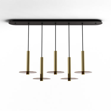 Koncept Combi Pendant 12" Linear 5 Combo Brass Matte Black Canopy 9" Glass Plate Tea Brown Attachment Suspension Flush Mount 2-in-1