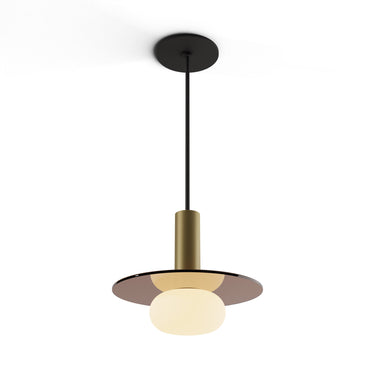 Koncept Combi Pendant 6" Brass Matte Black Canopy 9" Glass Plate Tea Brown Attachment Glass Ball Attachment Suspension Flush Mount 2-in-1