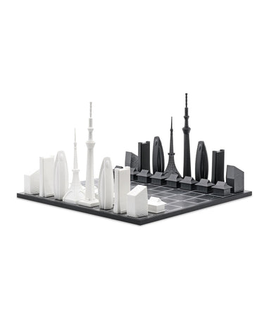 Acrylic Tokyo architecture chess pieces by Skyline Chess on the tokyo map board
