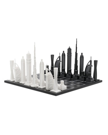 Acrylic Dubai architecture chess pieces by Skyline Chess on the dubai map board