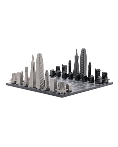 Stainless Steel San Francisco architecture chess pieces by Skyline Chess on the wood map board