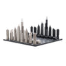 Stainless Steel Chicago architecture chess pieces by Skyline Chess on the wood map board