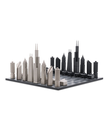Stainless Steel Chicago architecture chess pieces by Skyline Chess on the wood map board
